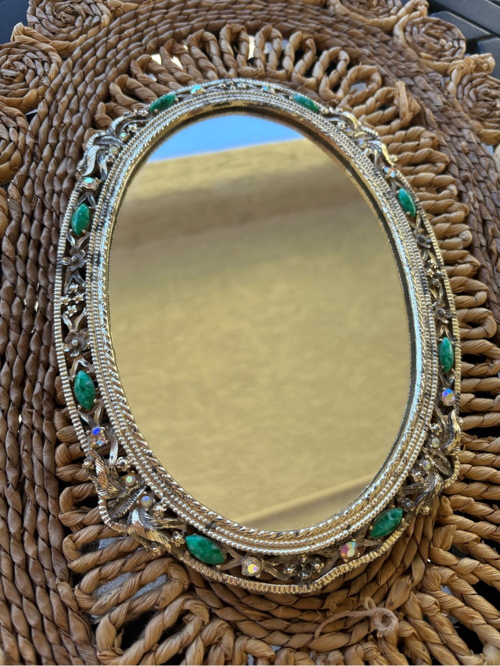 Sam Fink Florenza Vintage-oval jeweled mirror footed vanity Tray
